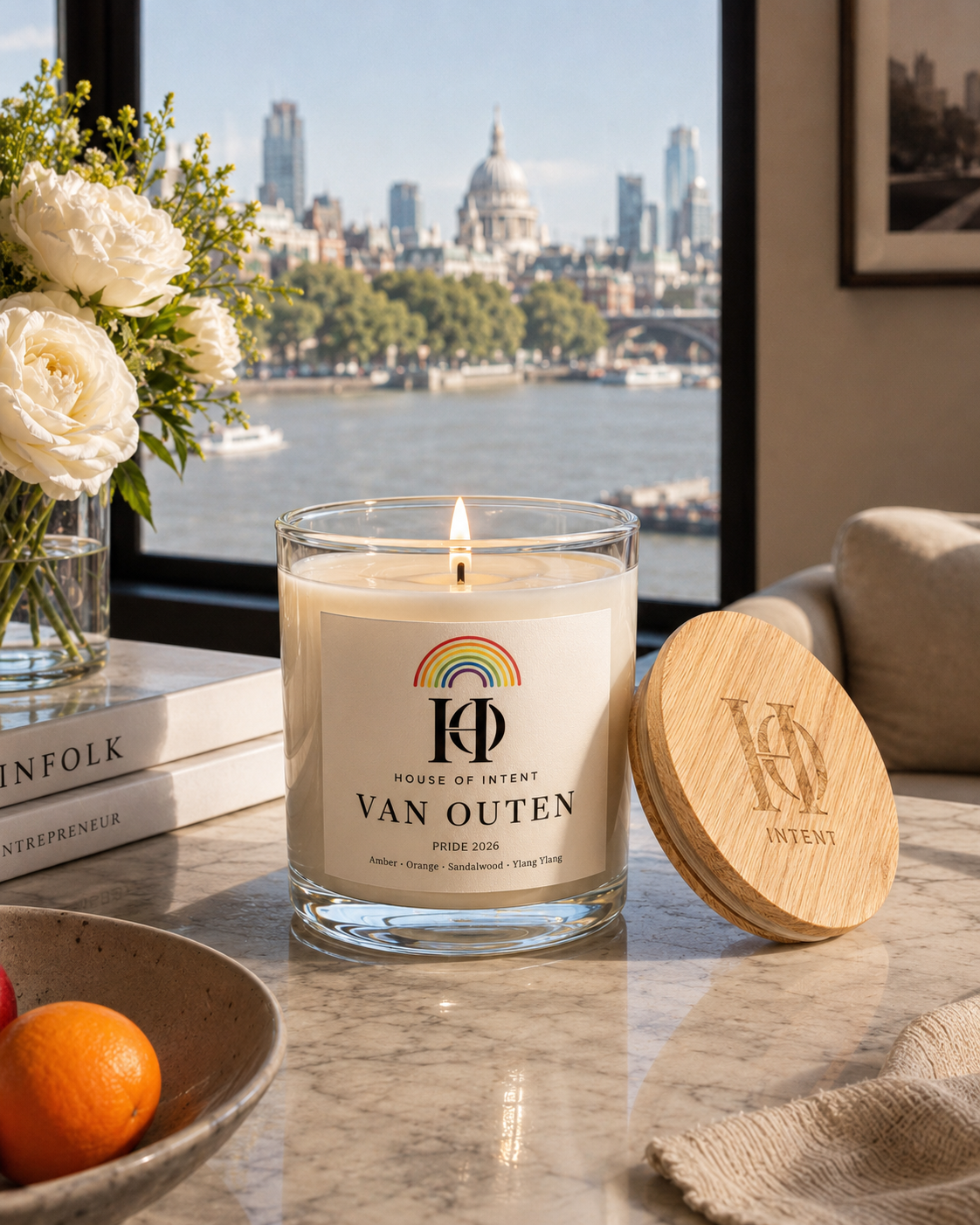 Van Outen x House of Intent Pride 2026 — candle with London skyline daytime