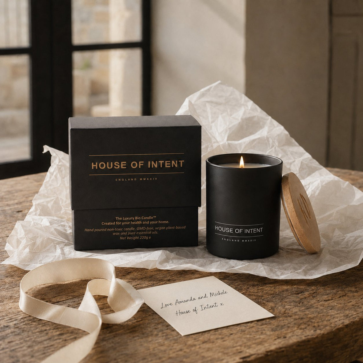 House of Intent candle and gift box with a handwritten note